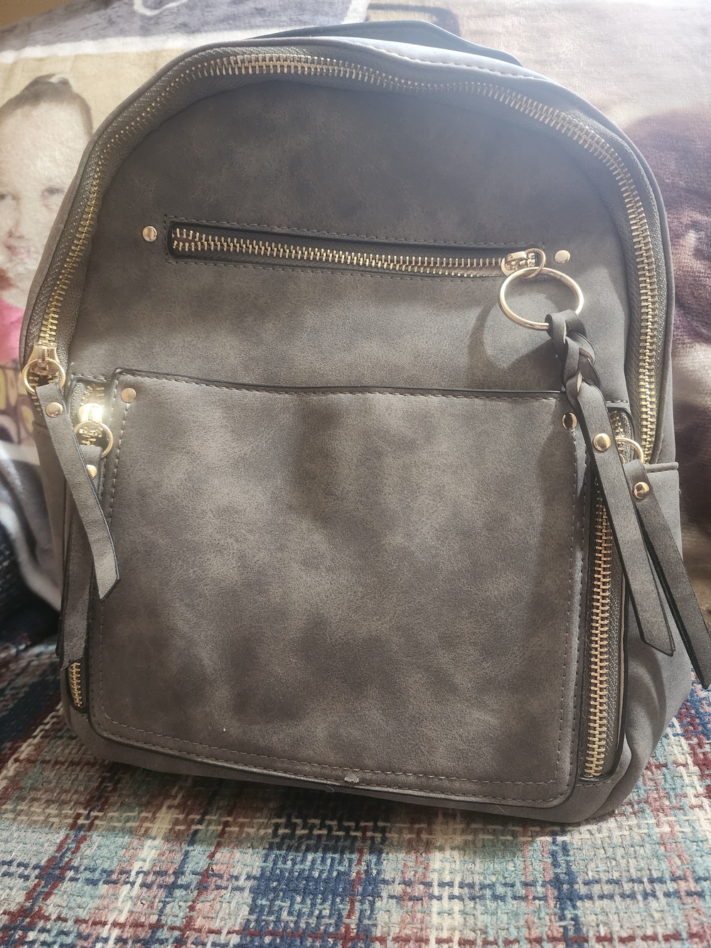 Gray Faux-Leather Women's Backpack with Gold Hardware
